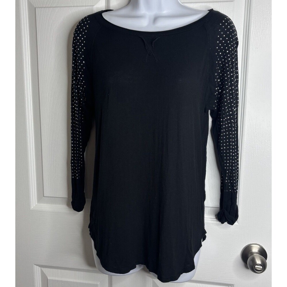 Small Cover Stitched Black Studded Sleeve Top Soft Casual Boho